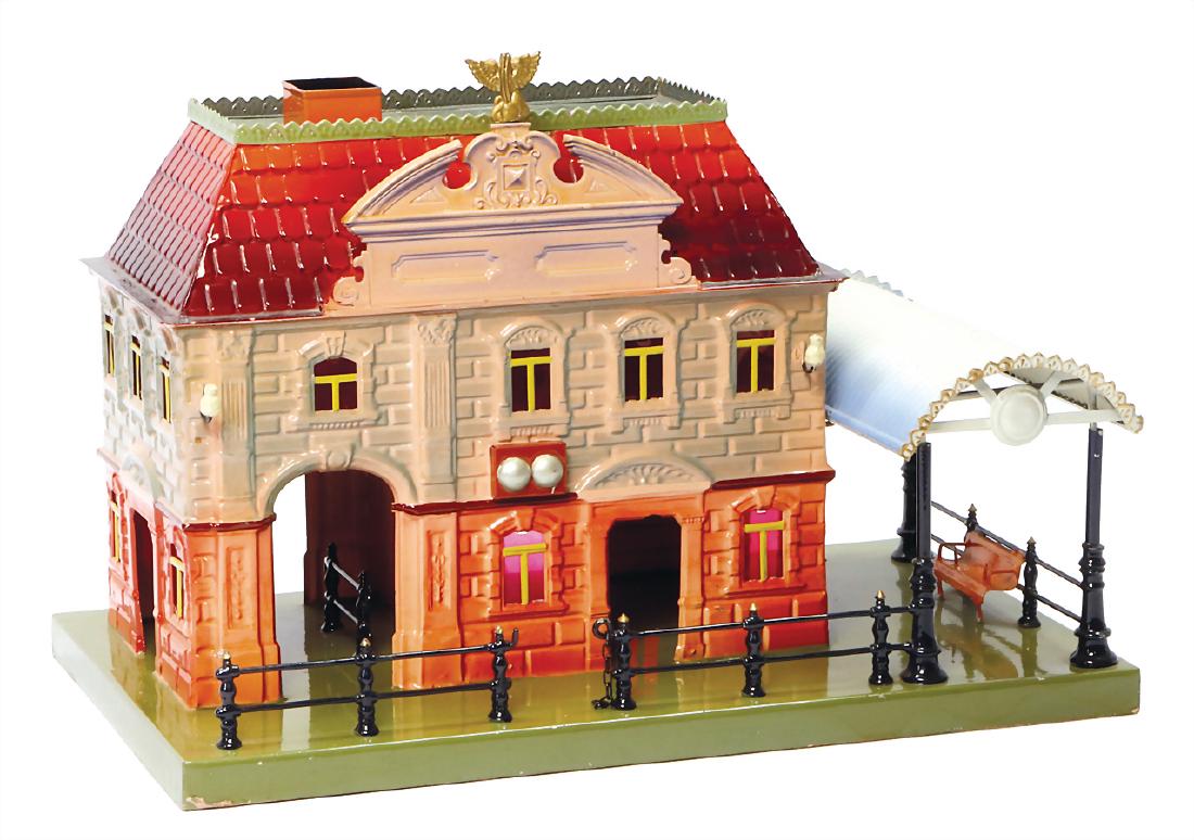 BING age-old, station, 11574, sheet metal, handpainted,: BING age-old, station, 11574, sheet metal, handpainted, as good as new original box, very nice colors, rare in this condition, surface area 36x22 cm German Description BING Uralt, Bahnhof, 11574, Blec