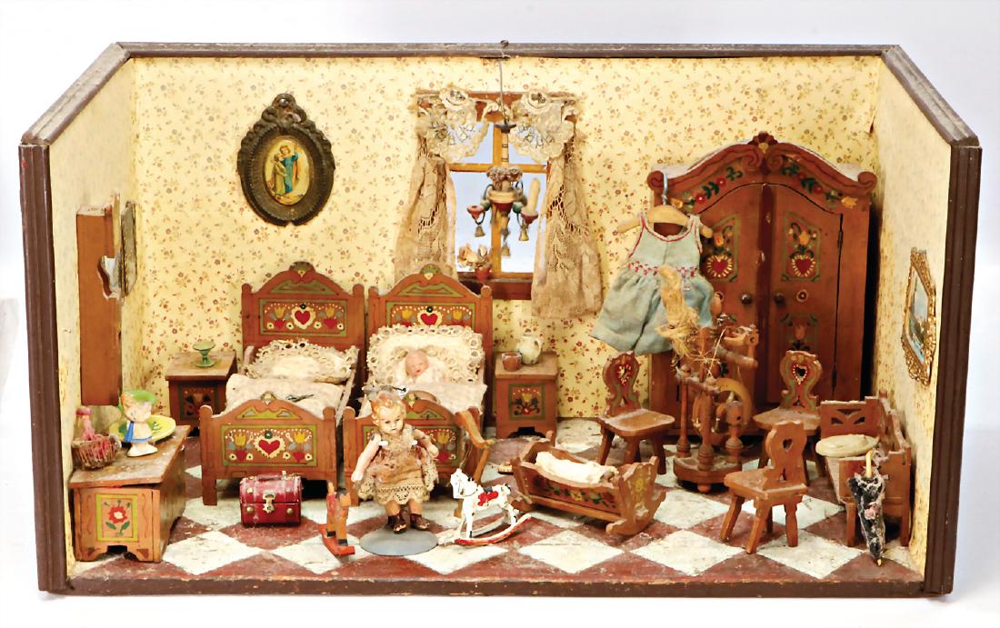 rustic dollhouse room, width: 50 cm, height: 27 cm,: rustic dollhouse room, width: 50 cm, height: 27 cm, furnished, furnitures are complex painted with accessories German Description Bäuerliche Puppenstube, B: 50 cm, H: 27 cm, möbliert, Möbel aufw. b