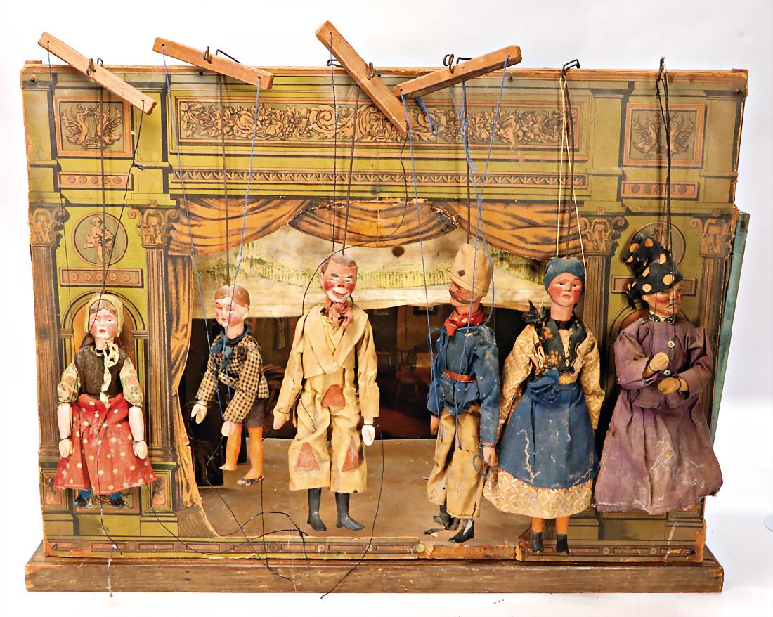 puppet theater with 6 marionettes, wood, colored, (1 of 1)