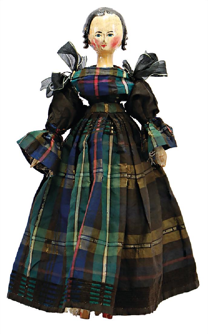 Grödnertal, wood doll, c. 1830, carved hair, side curls: Grödnertal, wood doll, c. 1830, carved hair, side curls and bun, intimitated nose, painted eyes, exceptional wood body, red painted hull , connection of the extremities with white kid leather, origin