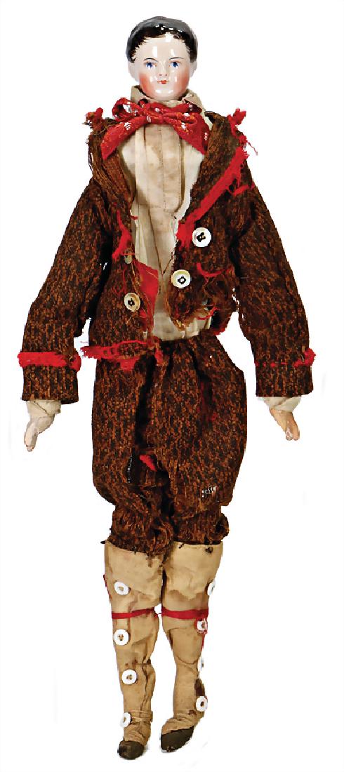China Head (enameled porcelain), shoulder headed doll,: China Head (enameled porcelain), shoulder headed doll, man, 28 cm, fine modelled hair, single painted hair in the face, blue painted eyes, closed mouth, jointed wood body with joints in arms and legs,