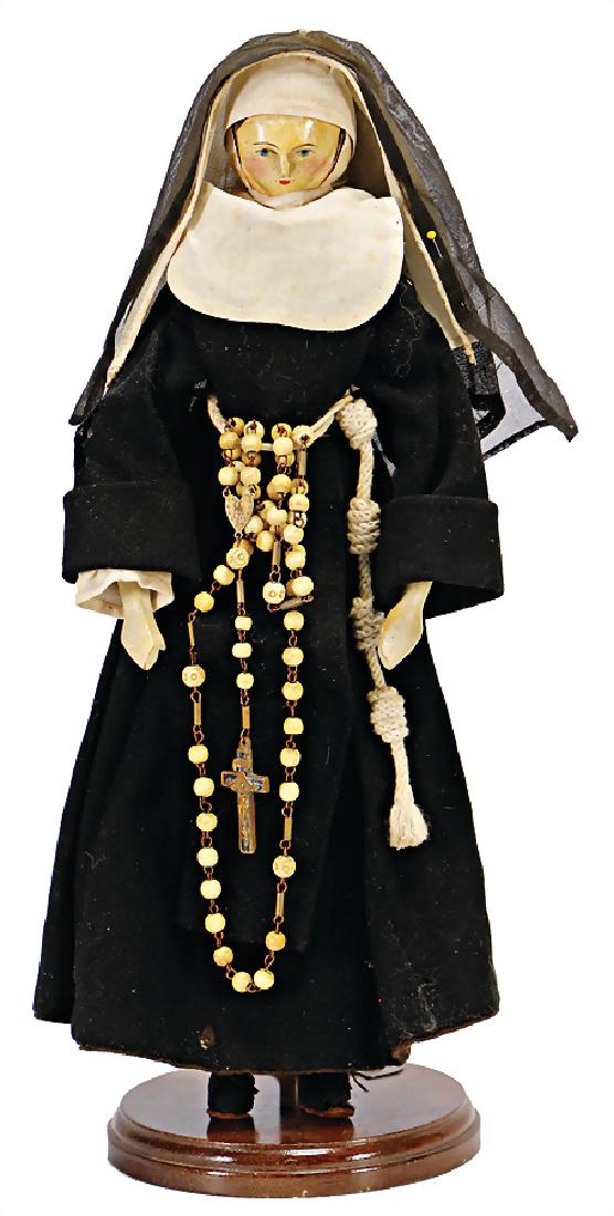 GRÖDNERTAL wood doll, c. 1840, nun, 38 cm, head and (1 of 2)