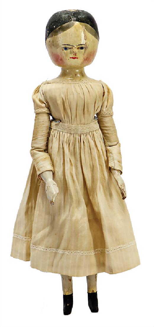 GRÖDNERTAL wood doll, c. 1850, 48 cm, exceptional size,: GRÖDNERTAL wood doll, c. 1850, 48 cm, exceptional size, head and hull are carved of one pieces , blue painted eyes, carved nose, jointed wood body, arms and feet, colored, up-painted shoes, original 