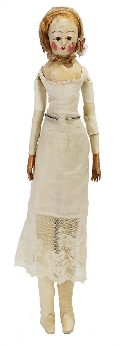 Carton-Moulé doll, c., 1740, head and hull were shaped: Carton-Moulé doll, c., 1740, head and hull were shaped of Carton-Moulé , strongly modeled breasts, strongly rose cheeks, modelled nose, brown painted eyes, heart-shaped mouth, sweeping brows, beauty
