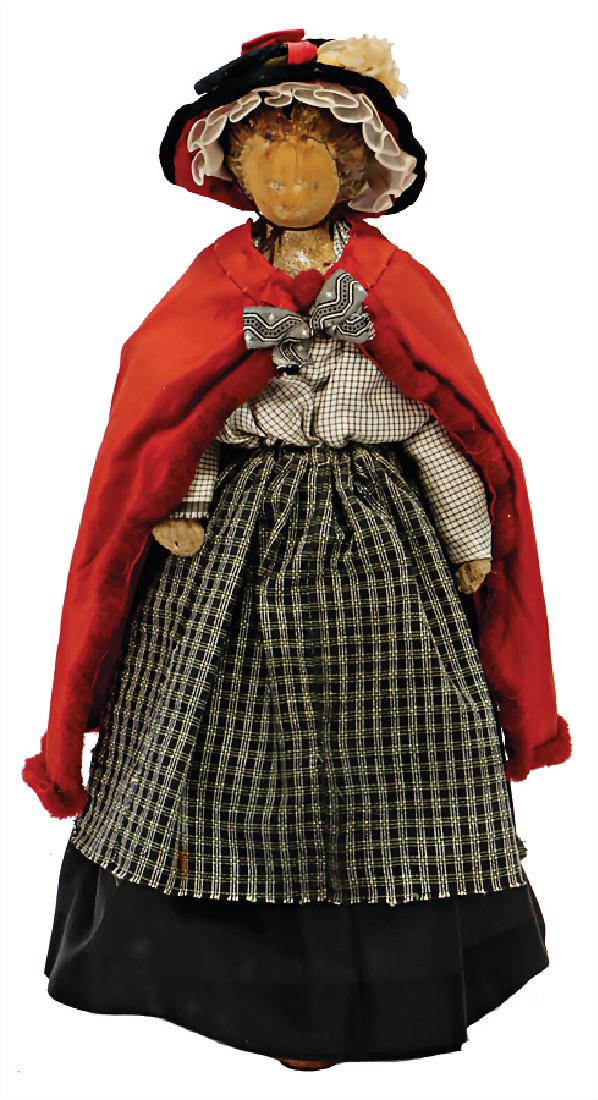 shoulder headed woodeddoll, 40 cm, carved hair, simple: shoulder headed woodeddoll, 40 cm, carved hair, simple fabric body, painting and features are worn, old clothes or sewed of old fabric German Description Holz-Brustblattkopf-Puppe, 40 cm, geschnitzte