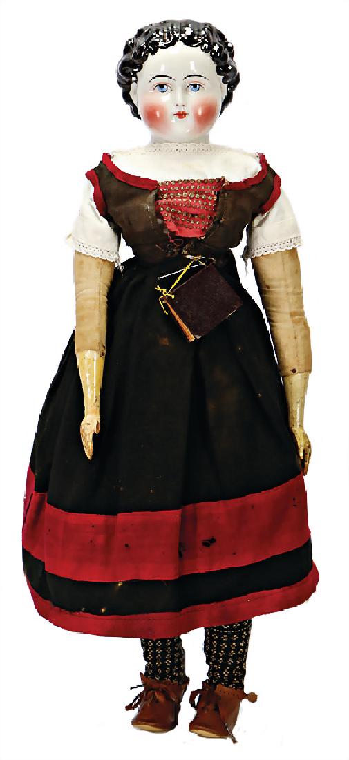 China Head (enameled porcelain), shoulder headed doll,: China Head (enameled porcelain), shoulder headed doll, 49 cm, fine modelled hair, blue painted eyes, closed mouth, fabric body, wood forearms with single carved fingers, separate thumb, 1 thumb is mis