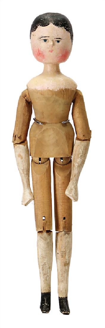 GROEDNERTAL wooden doll, c. 1880, 43 cm, head and hull: GROEDNERTAL wooden doll, c. 1880, 43 cm, head and hull carved in onepieces , slightly stood out nose, painted eyes, painted hair, jointed wood body, colored arms and legs German Description GROE