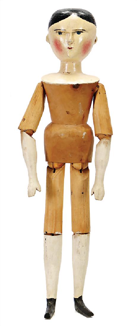 GRÖDNERTAL tall wooden doll, with 8 ball-and-socket: GRÖDNERTAL tall wooden doll, with 8 ball-and-socket joints, c. 1850, head and hull are made of one pieces, Swiss pine, circular head, with middle parting, black painted, carved small ears, strict exp