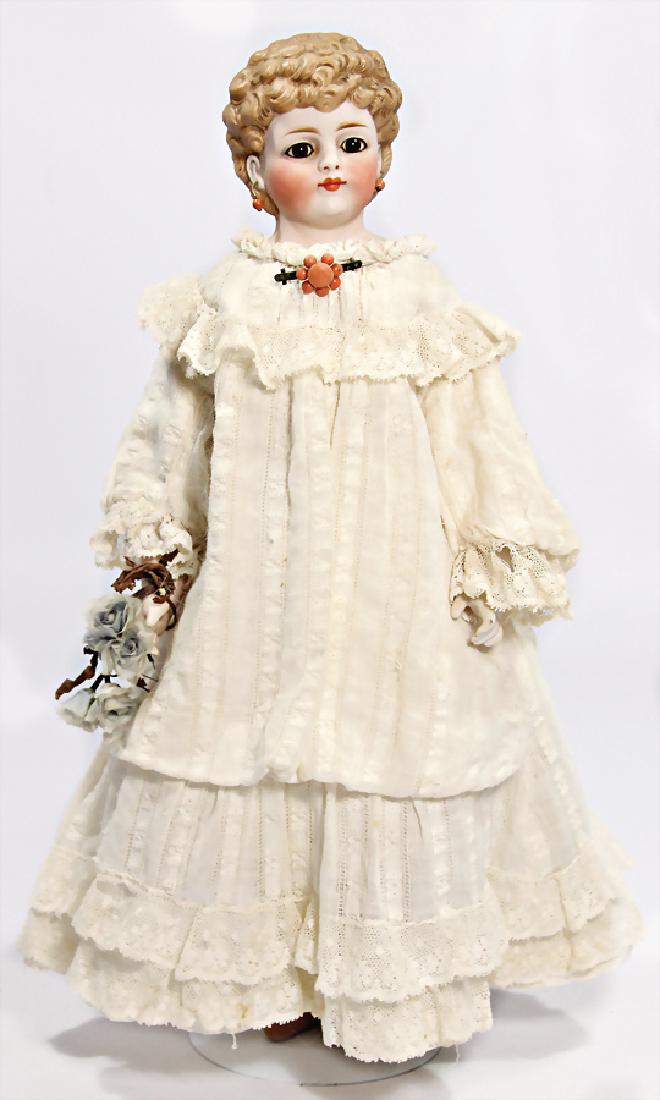 bisque porcelain-shoulder headed doll, Parian, strongly: bisque porcelain-shoulder headed doll, Parian, strongly modelled hair, fix inset brown glass eyes, closed mouth, pierced ears, c. 1880, fabric body, porcelain forearms, old clothes German Descri
