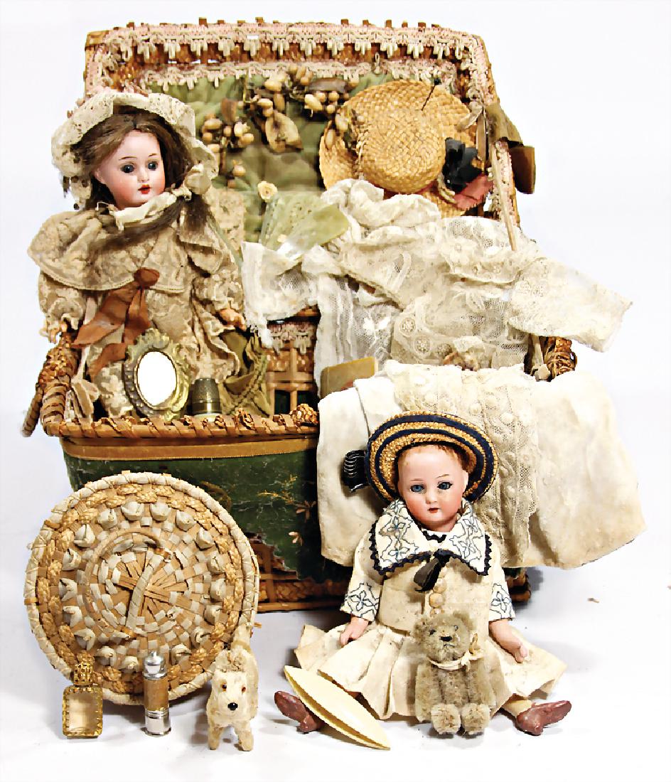 HEUBACH KÖPPELSDORF, bisque porcelain head doll, 18 cm,: HEUBACH KÖPPELSDORF, bisque porcelain head doll, 18 cm, socket head, blue sleepy eyes, opened mouth, upper teeth, standing mass body, modelled shoes and socks, with suitcase and accessories, wig is m