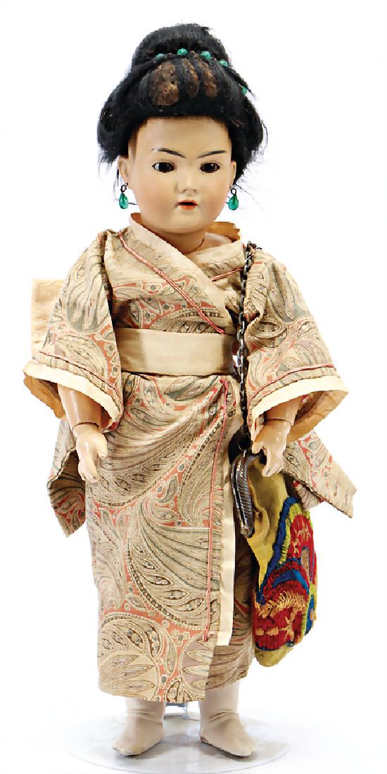 BRUNO SCHMIDT marked 300 BSW in A heart, Oriental, 32: BRUNO SCHMIDT marked 300 BSW in A heart, Oriental, 32 cm, brown sleepy eyes, opened mouth, upper teeth, pierced ears, jointed body, original mohair wig German Description BRUNO SCHMIDT gem. 300 BSW im