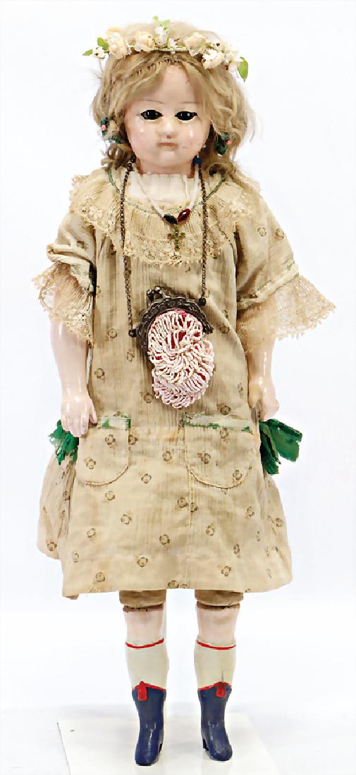 papier mâché shoulder headed doll, wax coated, 56 cm,: papier mâché shoulder headed doll, wax coated, 56 cm, brown sleepy eyes, fabric body, mass arms and legs, up-painted shoes and socks, c. 1880, original mohair wig, old clothes, body with some patche