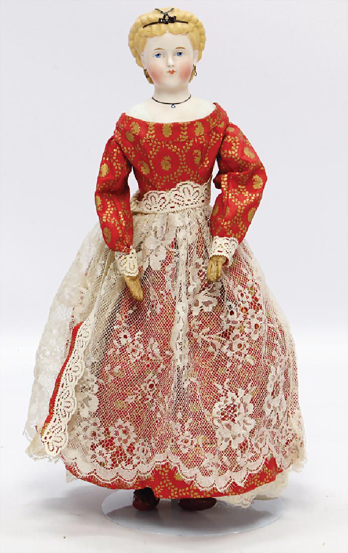exceptional Parian, shoulder headed doll, 38 cm, fine: exceptional Parian, shoulder headed doll, 38 cm, fine modelled hair with hairband, uncovered ears, pierced, blue painted eyes, closed mouth, with up-painted necklace, slightly intimated décolleté, u
