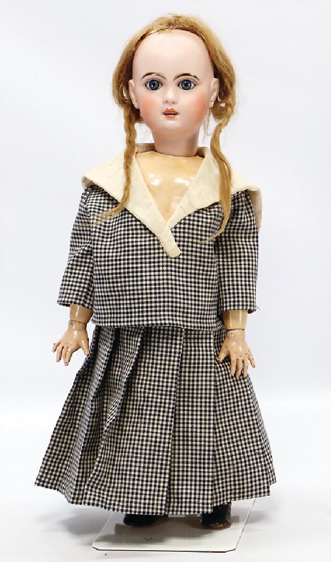 JUMEAU bisque porcelain head doll, marked 1907 10, 58: JUMEAU bisque porcelain head doll, marked 1907 10, 58 cm, socket head, blue sleepy eyes, opened mouth, upper teeth, pierced earlobes, French jointed body, looserubbers , real hair wig, small ships at 