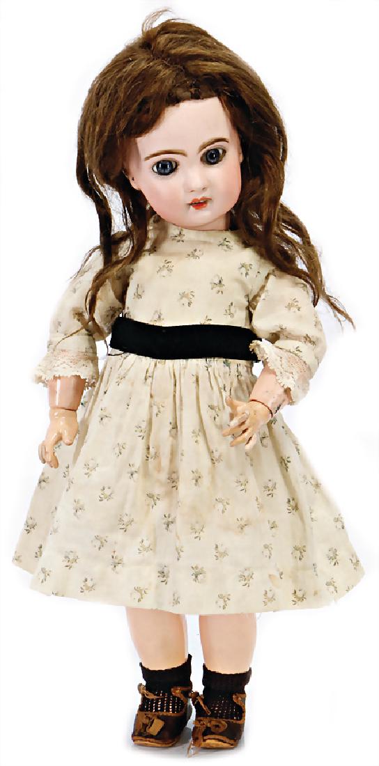 JUMEAU No. 5, 40 cm, socket head, fix inset blue : JUMEAU No. 5, 40 cm, socket head, fix inset blue glass eyes, opened mouth, upper teeth, pierced, ears, French jointed body, old clothes, old shoes, old mohair wig, with minimally chip at the nec
