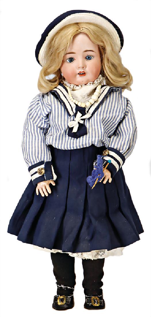 bisque porcelain head doll, marked H21 Germany R5A, 52: bisque porcelain head doll, marked H21 Germany R5A, 52 cm, blue sleepy eyes, opened mouth, teeth, dimple at chin, jointed body, old real hair wig, clothes aer partially old, partially sewed of old fab