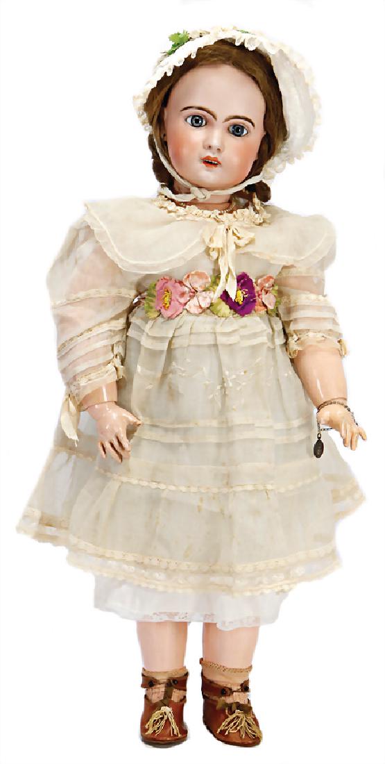 JUMEAU marked 12, 70 cm, socket head, fix inset blue: JUMEAU marked 12, 70 cm, socket head, fix inset blue glass eyes, opened mouth, upper teeth, pierced ears, French jointed body, fingers are slightly bleached out, real hair wig, old clothes, old shoes 