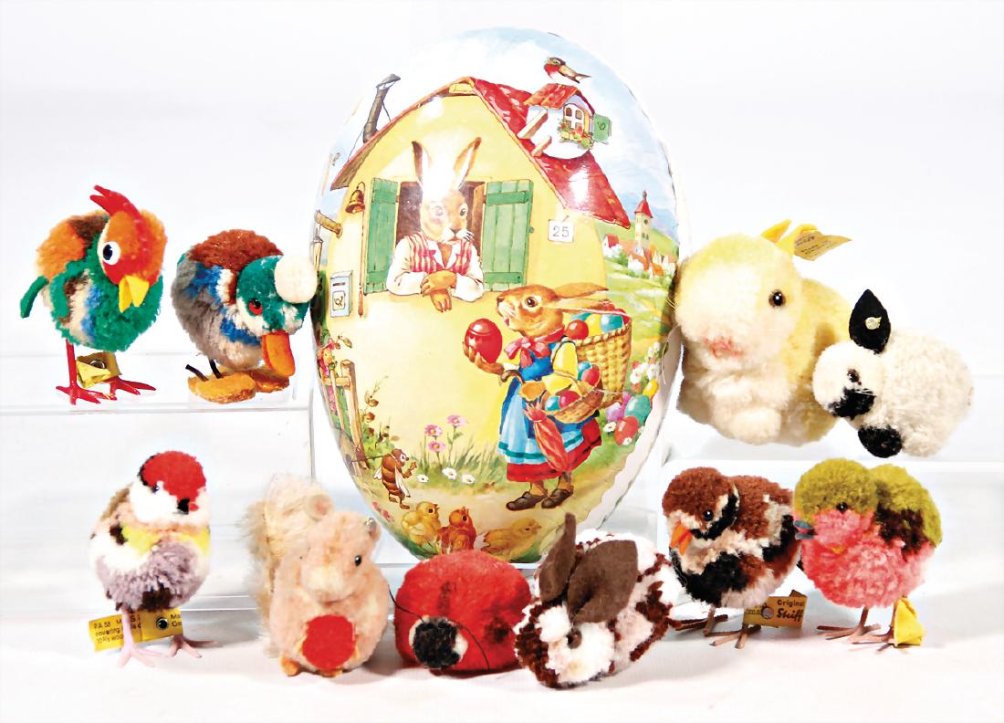 STEIFF Konv. 10 Woll-Tiere, 3 Hasen, 2x mit Knopf, 1: STEIFF Konv. 10 Woll-Tiere, 3 Hasen, 2x mit Knopf, 1 Eichhörnchen mit Knopf, 3 Vögel, Kunststoff-Beine mit Knopf u. Fahne, 1 Huhn mit Knopf u. Fahne, kl. Marienkäfer, 1 Eichhörnchen mit Knopf, 1 k