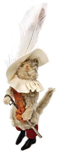 STEIFF Puss in Boots, 35 cm, sixfold jointed (head,: STEIFF Puss in Boots, 35 cm, sixfold jointed (head, arms, legs, tail), button with long stretched "f", rest of the white cloth tag label, mohair, feather, hat, ruff and gauntlets made of felt, leather