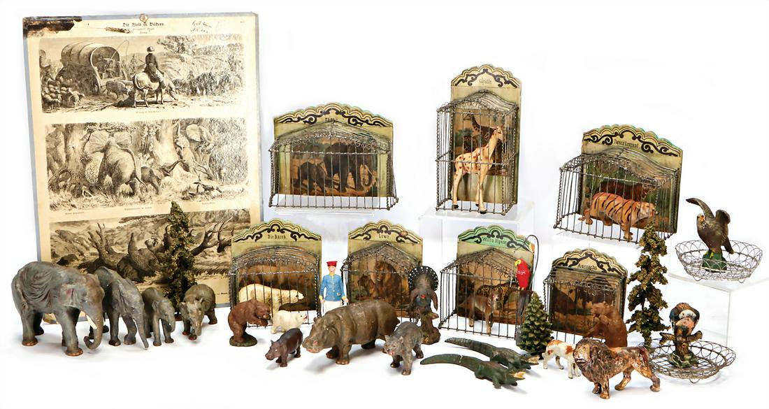 menagerie, stuck with multicolored lithographed paper,: menagerie, stuck with multicolored lithographed paper, in front wire, height of the pens 19 cm, c. 1890, with mass animals, slightly more recent, ELASTOLIN and others, very decorative German Descripti
