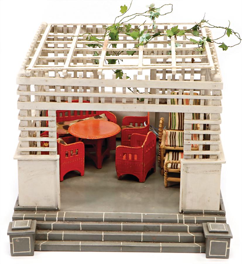 dollhouse pavilion, width: 29 cm, height: 25 cm, wood,: dollhouse pavilion, width: 29 cm, height: 25 cm, wood, colored, with living-room suite German Description Puppenstuben-Pavillon, B: 29 cm, H: 25 cm, Holz, farbig gefasst, mit Sitzgruppe