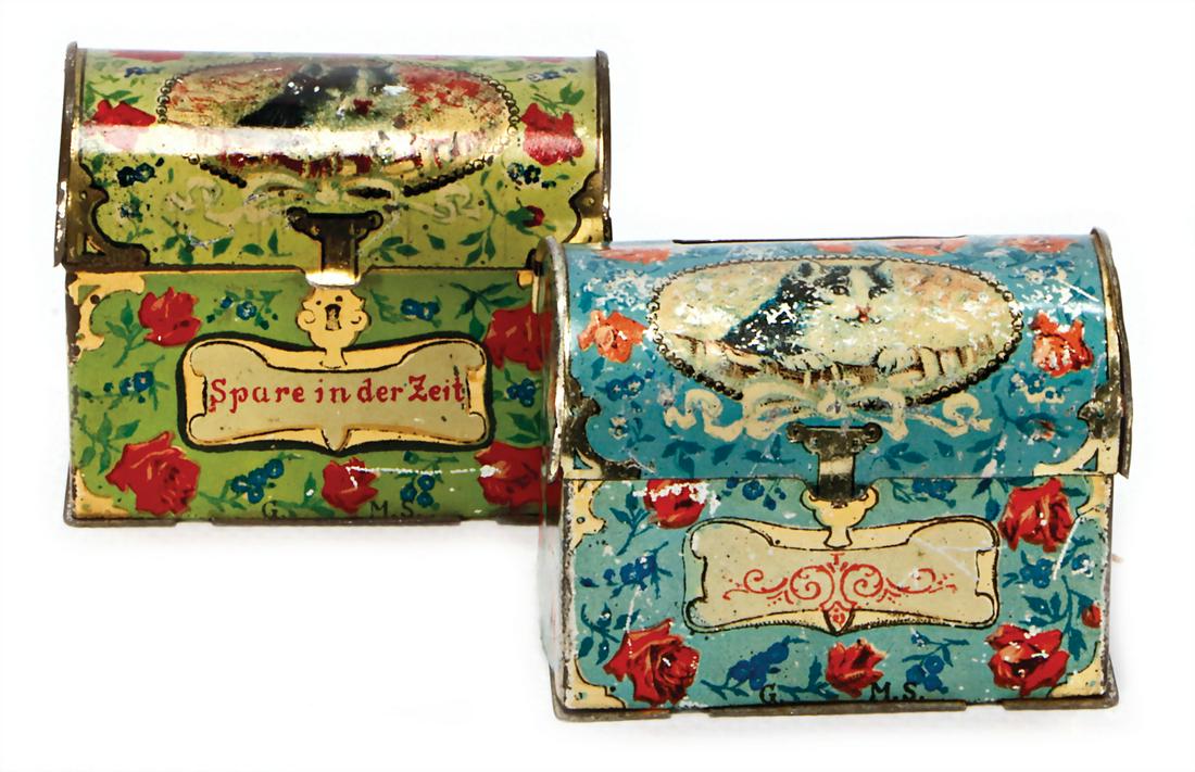 2 pieces, money boxes, sheet metal, lithographed, 1x (1 of 1)
