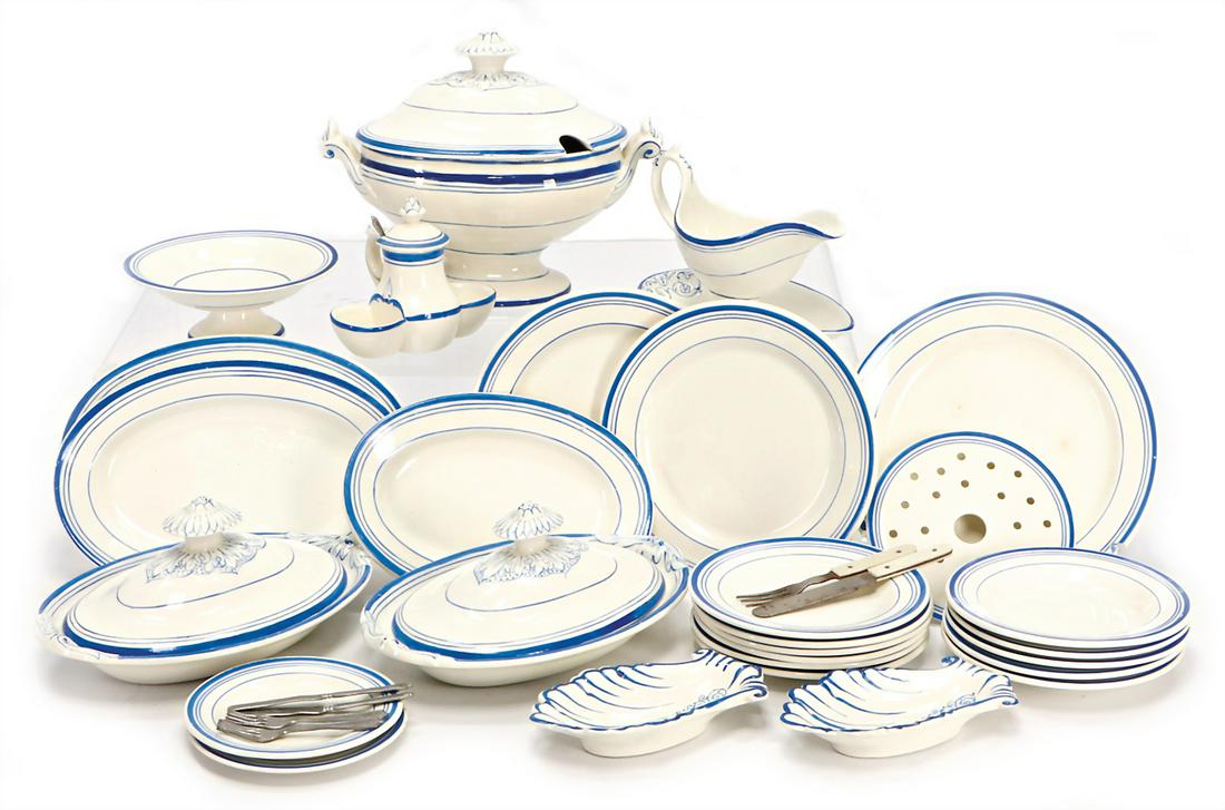 dollhouse dinner service, not marked, ceramic, soup: dollhouse dinner service, not marked, ceramic, soup tureen, sauce boat, 2 dishes with cover, 5 soup plates, 6 flat plates, dishes, salt and pepper, some cutlery parts, not marked, plates with a&