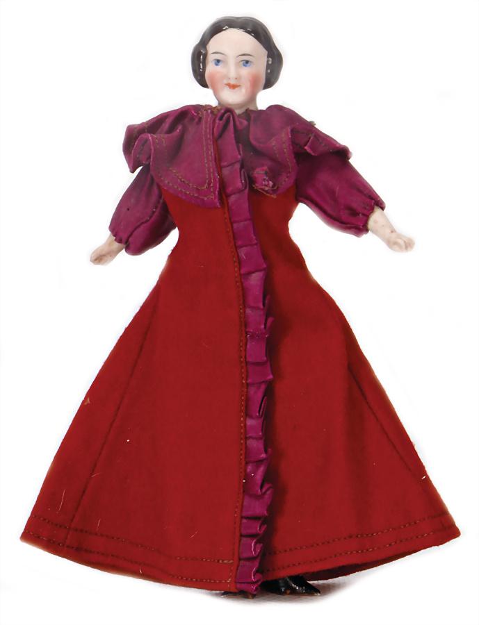 dollhouse doll, Biedermeier, bisque shoulder headed: dollhouse doll, Biedermeier, bisque shoulder headed doll, fine modelled hair, painted eyes, fabric body, bisque arms and legs, old clothes and underwear, or sewed of old fabric, 16 cm German Descripti