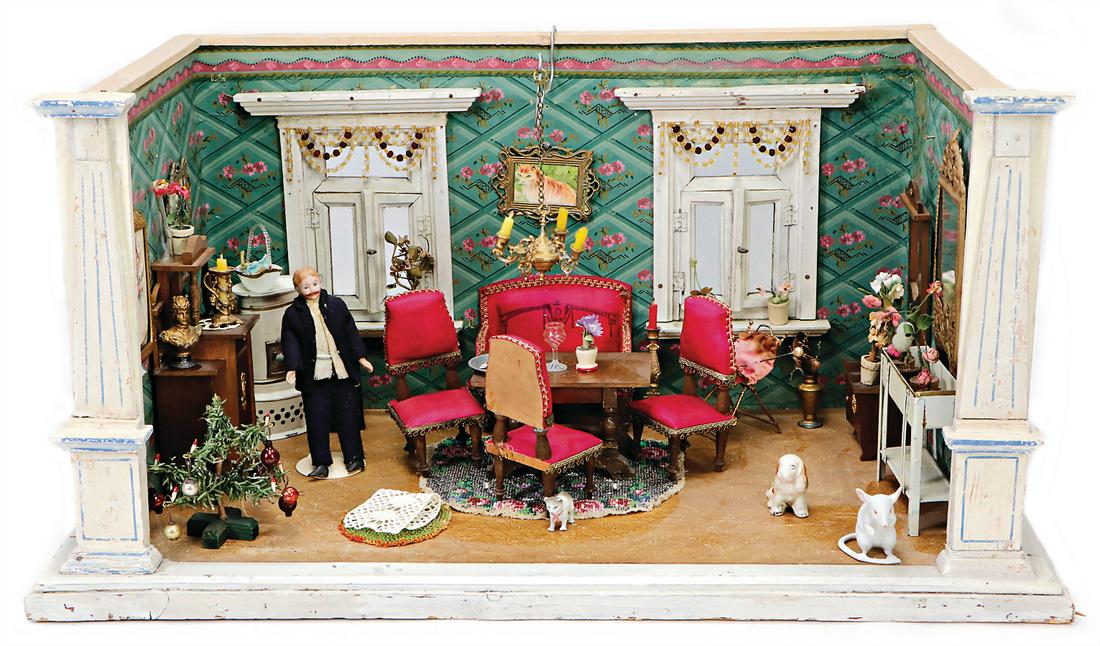 1-part dollhouse room, around 1900, old wallpaper, old (1 of 1)