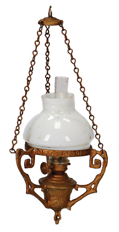 dollhouse paraffin ceiling lamp, tin with glass shade,: dollhouse paraffin ceiling lamp, tin with glass shade, lampshade was glued, 11 cm German Description Puppenstuben-Petroleum-Deckenleuchter, Zinn mit Glasschirm, Schirm geklebt, 11 cm