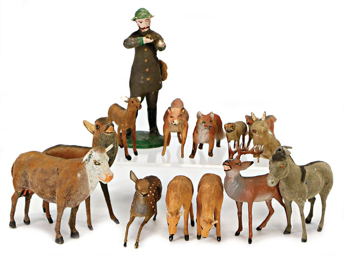 forest animals with huntsman, velvety mass , mostly: forest animals with huntsman, velvety mass , mostly good condition, huntsman, gun is missing, 12 cm German Description Waldtiere mit Jäger, Masse mit Tuchstaub, meist guter Zust., Jäger, Gewehr fehl