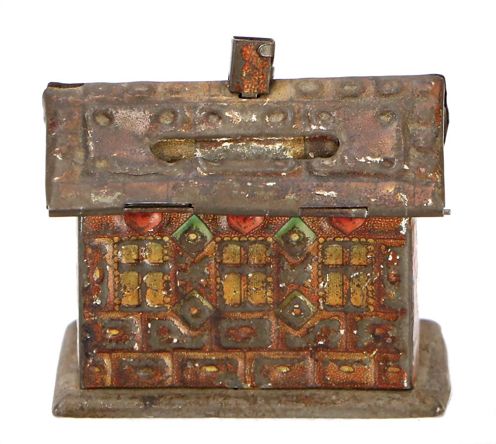 money box, sheet metal, lithographed, gingerbread: money box, sheet metal, lithographed, gingerbread house, lithography with abrasion, worn German Description Spardose, Blech, lithogr., Hexenhäuschen, Lithoabrieb, bespielt