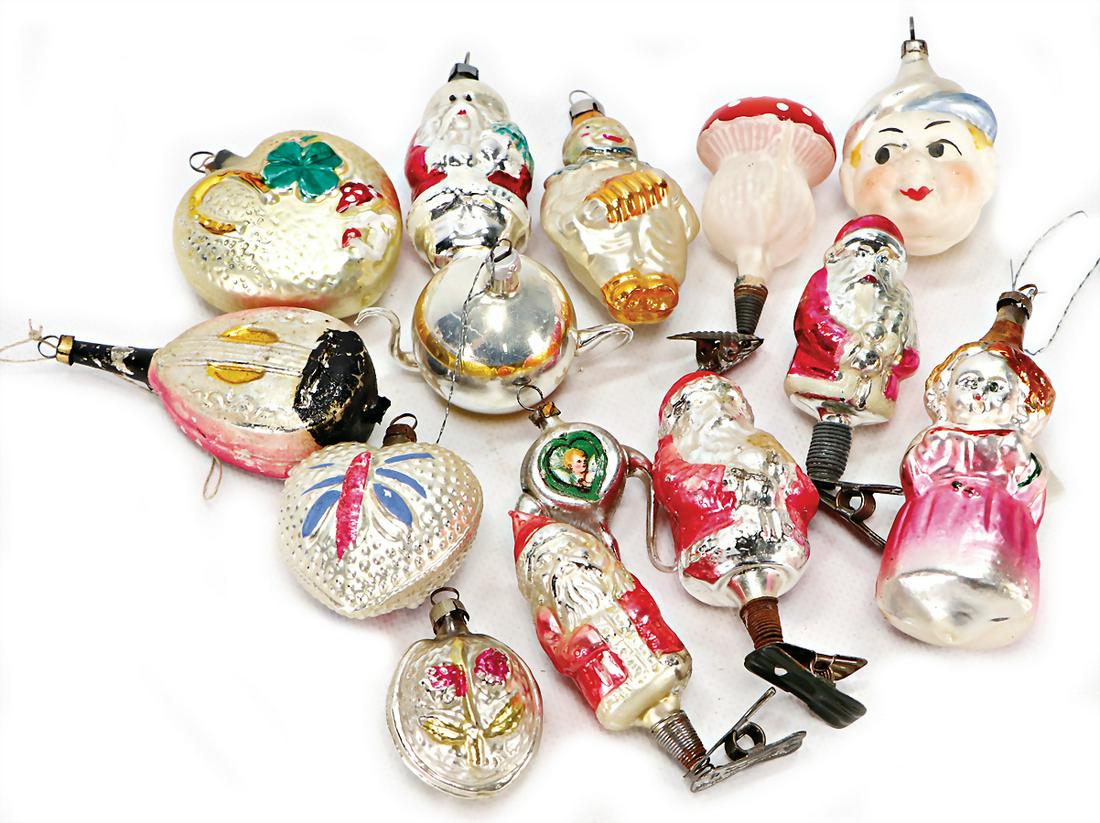 mixed lot of Christmas tree decoration, glass,: mixed lot of Christmas tree decoration, glass, angel, faces, instrument, boiler, Santa Clauses, mushroom, and other things, partially with clamp, 13 pieces German Description Konv. Christbaumschmuck, 