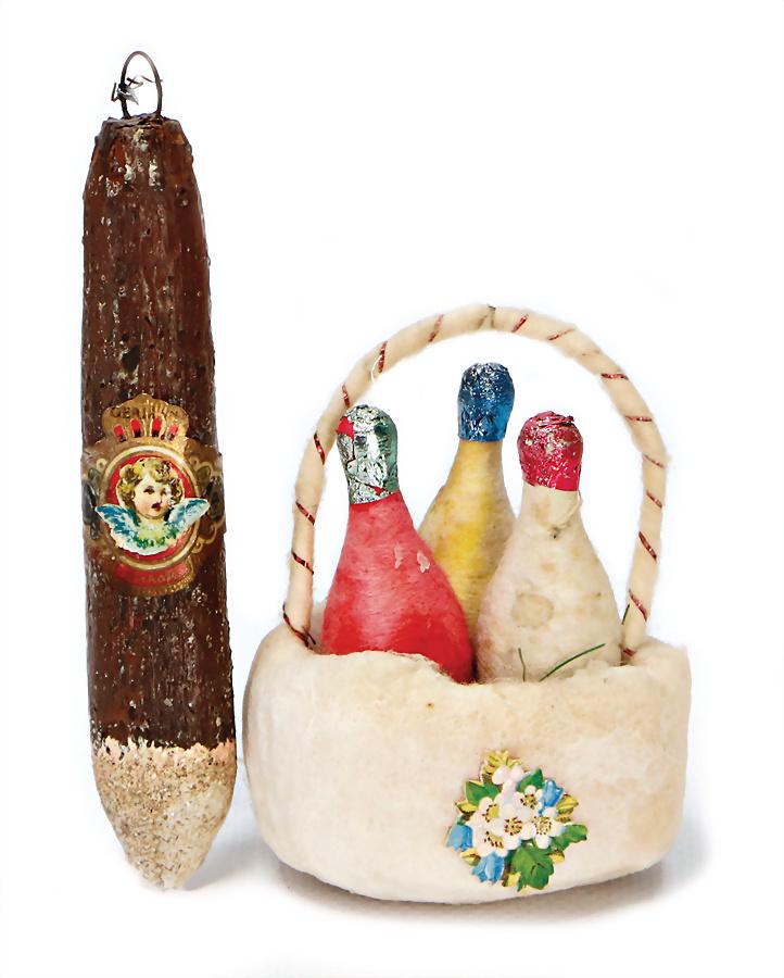 2 pieces, Christmas tree decoration, cotton wool,: 2 pieces, Christmas tree decoration, cotton wool, basket with 3 cotton wool bottles, height: 8 cm, 1x cigar, 11 cm, good condition German Description 2 Teile, Christbaumschmuck, Watte, Körbchen mit 3