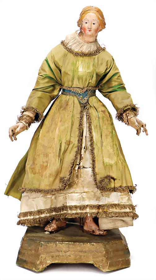 Neapolitan figure of the Madonna, Terra-Cotta, 53 cm,: Neapolitan figure of the Madonna, Terra-Cotta, 53 cm, the flaked off mass parts are caused of old age, original clothes, silk is caused of old age in worn condition, c. 1850 German Description N