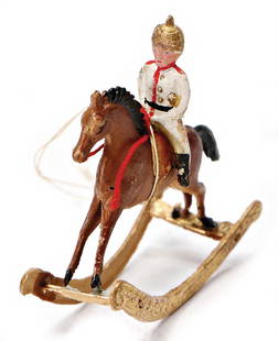 DRESDEN CARDBOARD Christmas tree decoration, rocking: DRESDEN CARDBOARD Christmas tree decoration, rocking horse, with rider, 6 cm German Description DRESDNER PAPPE Christbaumschmuck, Schaukelpferd, mit Reiter, 6 cm