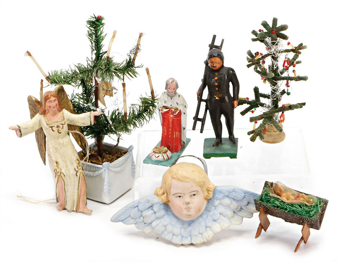 GRUHLICH, 2 pieces, crib figurine, wood, carved, king,: GRUHLICH, 2 pieces, crib figurine, wood, carved, king, not complete, 1 chimney sweep, with 1 angel, wood, mass, the child Jesus, in cradle, porcelain angel face, 2 Christmas trees German Description G