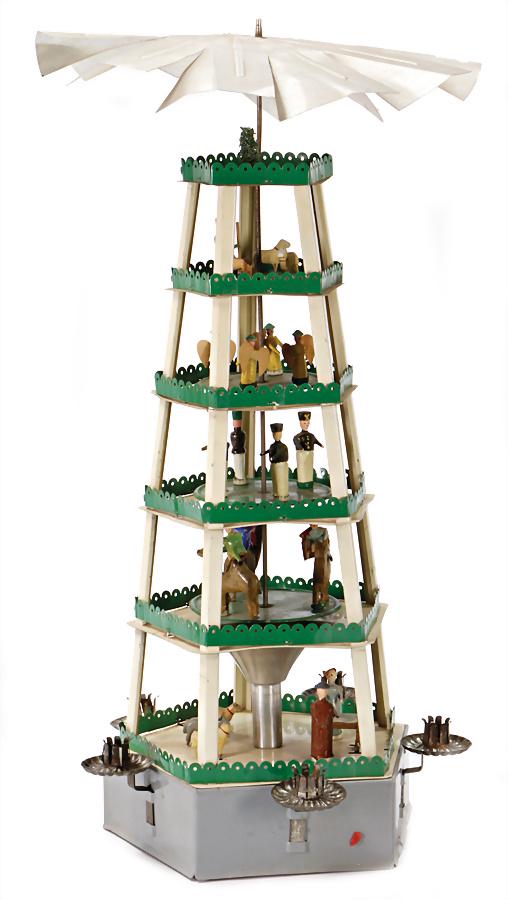ERZGEBIRGE Christmas pyramid, sheet metal, wood: ERZGEBIRGE Christmas pyramid, sheet metal, wood figures, in original box, box is caused of old age in worn condition, height: 46.5 cm German Description ERZGEBIRGE Weihnachtspyramide, Blech, Figuren H