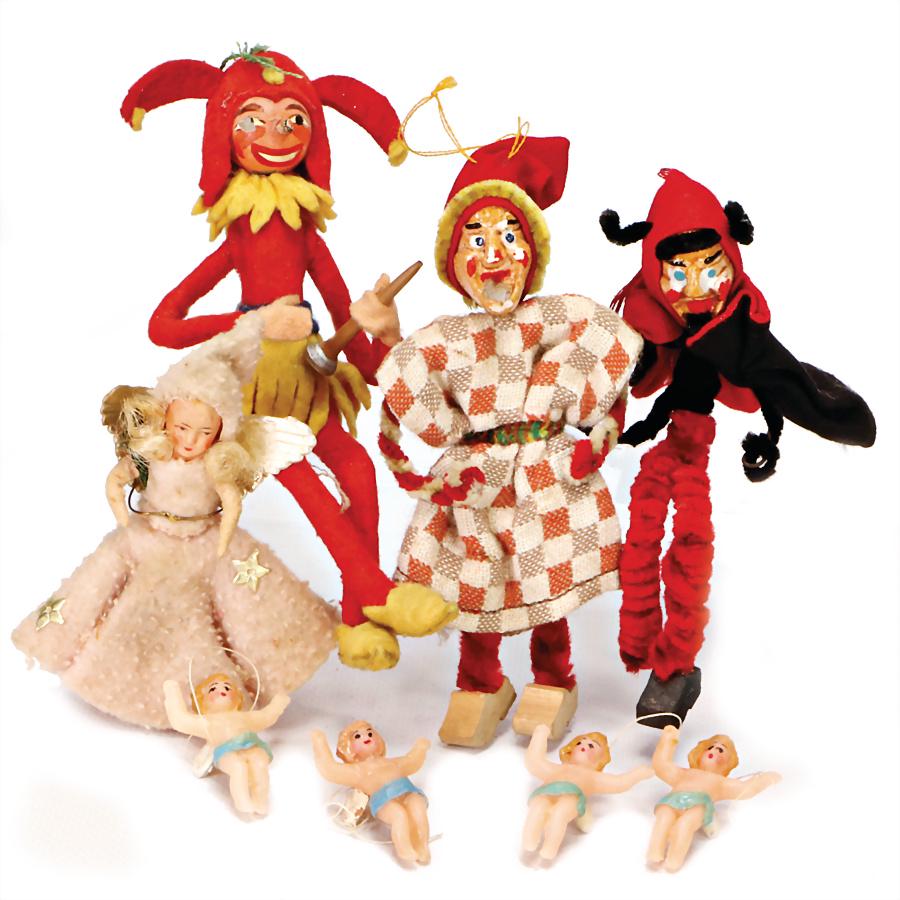 Christmas tree decoration, harlequin, felt/wire, with: Christmas tree decoration, harlequin, felt/wire, with wooden head, one eye with scratches on the paintwork, 16 cm, 1 Krampus, 1 wooden foot is missing, 1 witch, small mass angel, 2 small wax angels, 4