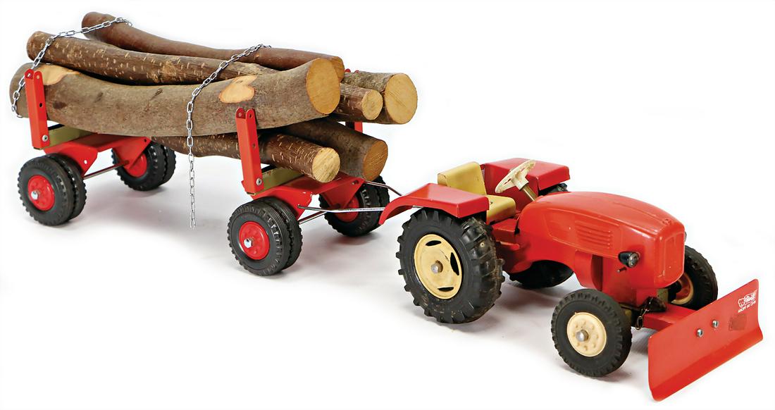 STEIFF tractor, wood and plastic parts, 26 cm, with: STEIFF tractor, wood and plastic parts, 26 cm, with wood car, worn-good German Description STEIFF Traktor, Holz- u. Kunststoffteile, 26 cm, mit Stammholz-Wagen, bespielt-gut