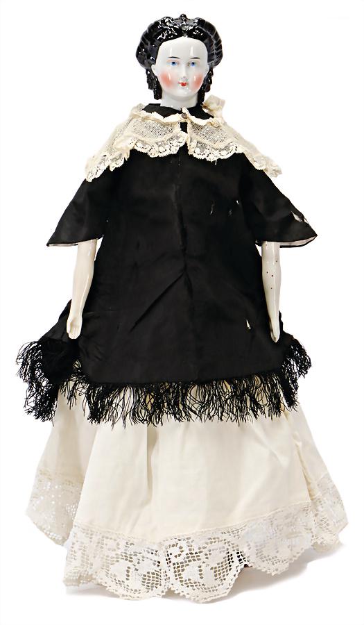 China-Head doll, c. 1860, enameled porcelain breast (1 of 3)