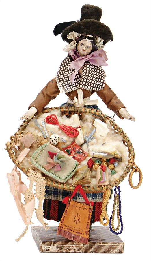wood joints doll with basket, so-called "Pedlar", c.: wood joints doll with basket, so-called "Pedlar", c. 1835, breast head is made of papier-mâché, plug head, red mouth, grey-blue eyes, strong traces of age in face, black painted modelled hairstyle: 