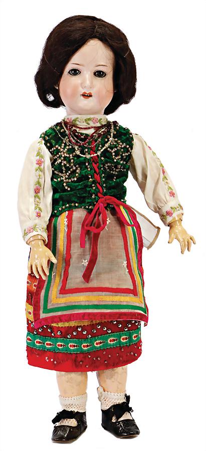 HEUBACH KÖPPELSDORF bisque doll, marked 250, socket: HEUBACH KÖPPELSDORF bisque doll, marked 250, socket head, inset blue sleepy eyes made of glass with real hair lashes, bouche ouverte, 2 upper teeth, dark-brown real hair-wig, composition body, hand-s