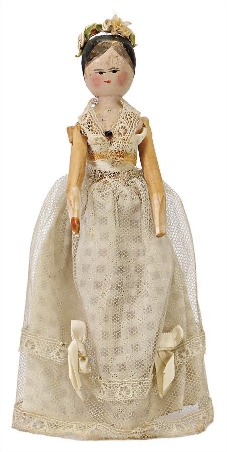 GRÖDNERTAL c. 1880, small bride, black eyes, red mouth,: GRÖDNERTAL c. 1880, small bride, black eyes, red mouth, black painted hair bottom with middle parting, typical jointed wood body of the simpler Grödner doll, joints at hips and shoulders, whitewashe