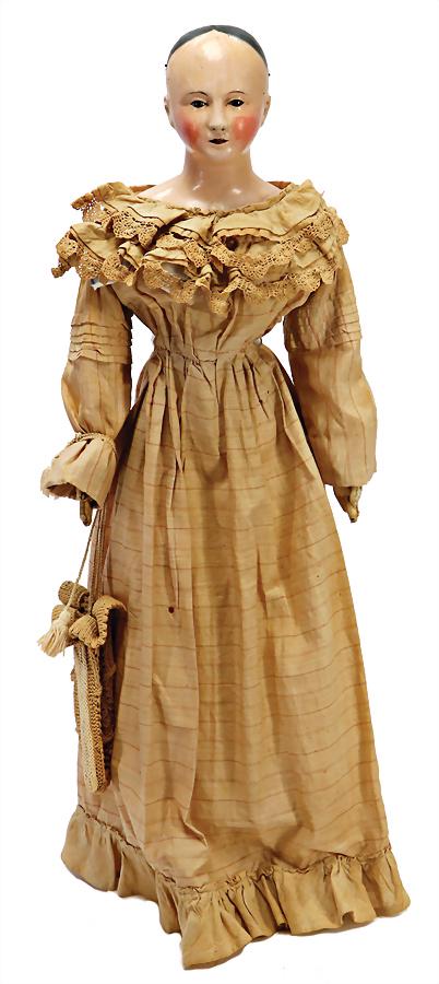 papier-mâché doll, c. 1830, breast head is made of: papier-mâché doll, c. 1830, breast head is made of papier mâché, red, opened mouth with teeth and modelled tongue, black inset glass eyeswithout pupil, black painted circular head, holes of the fo
