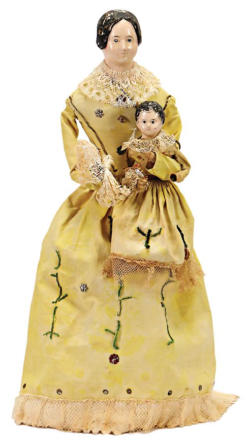 papier-mâché doll "mother with child", c. 1820, mother:: papier-mâché doll "mother with child", c. 1820, mother: papier-mâché breast head, deep breast plate, short neck, portrait-like face, rose mouth, blue painted eyes, black painted and modelled hairs