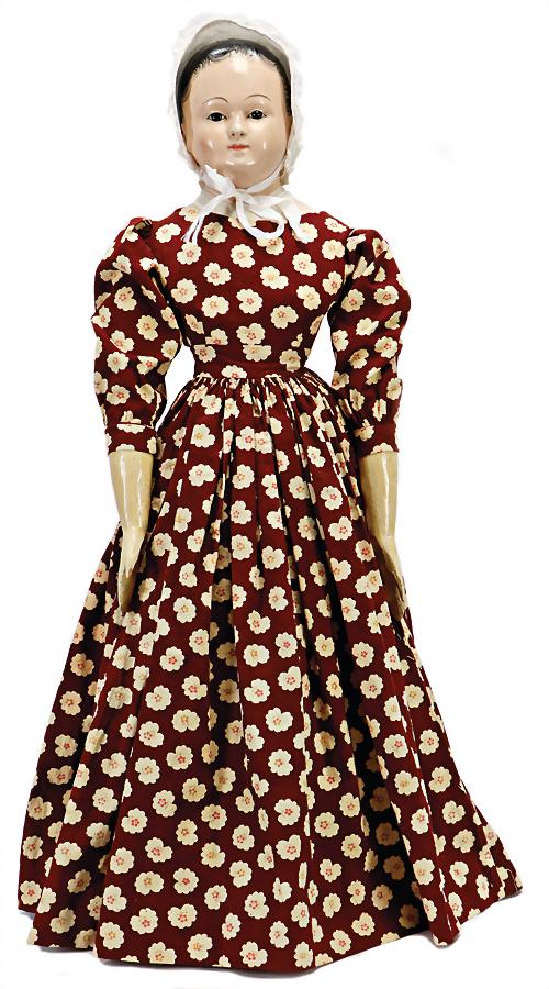 papier-mâché doll, c. 1830, breast head made of: papier-mâché doll, c. 1830, breast head made of papier-mâché, deep breast plate, black, inset glass eyes without pupil, red mouth, modelled ears, black painted hair bottom, very interesting, early