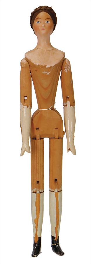 rare, early Sonneberger doll with wood joints with wax: rare, early Sonneberger doll with wood joints with wax film and hairstyle made of real hair, c. 1820, head and hull are made of one pieces of carvedconifer wood, raised, circular decollete, long neck,
