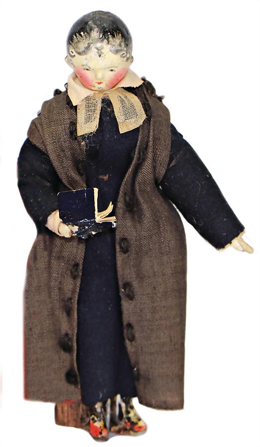 GRöDNERTAL early Grödner-man doll, 1820, head and hull: GRöDNERTAL early Grödner-man doll, 1820, head and hull are made of one piece of carvedwood, slim waist, very nice, exactly painted features, red mouth, black eyes, carved nose, black painted hairsty