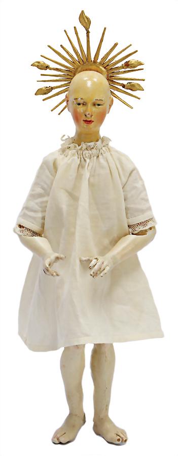 small sacred wooden doll, c. 1780, 32 cm, with wreath (1 of 2)